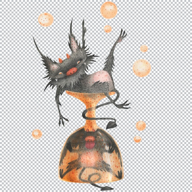 PSD zwei betrunkene kleine flauschige teufel. lasst uns feiern gehen! kinderaquarellillustration mit niedlicher fantasie-kobold-kreatur.