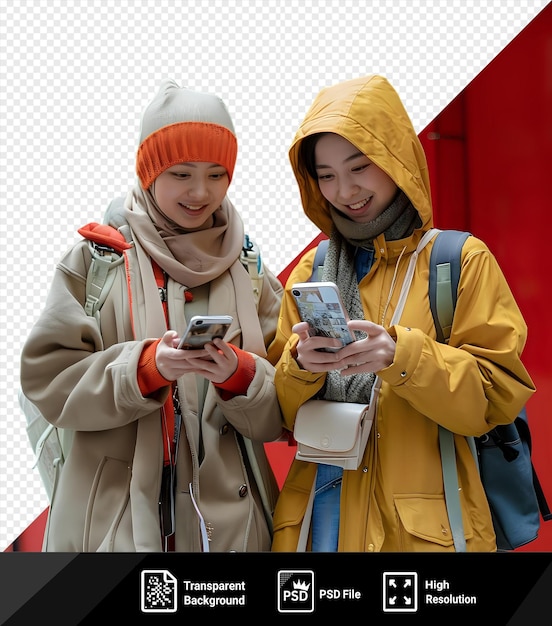 PSD zwei einzigartige freunde sehen sich bilder auf dem smartphone an, während sie vor einer roten tür stehen, von denen einer einen grauen schal und der andere einen braunen schal trägt png psd