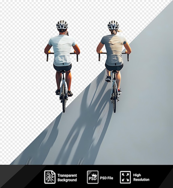 PSD zwei erstaunliche sportliche menschen fahren morgens fahrrad, einer trägt ein weißes hemd und schwarze shorts, der andere trägt einen weißen und schwarzen helm mit im hintergrund sichtbaren schatten.