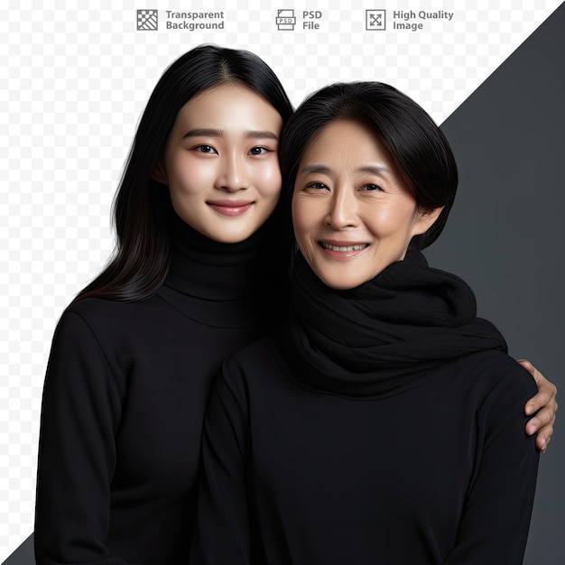 Zwei Frauen posieren für ein Foto vor einem transparenten Hintergrund.