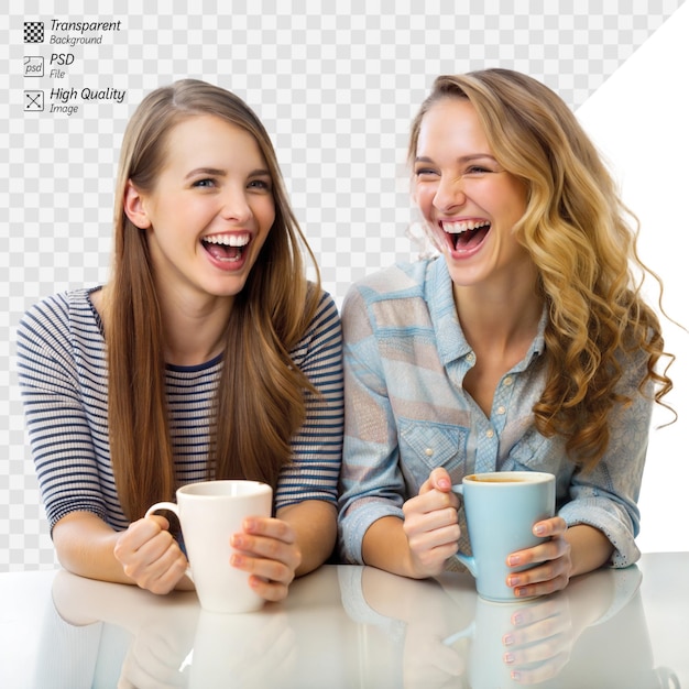 Zwei fröhliche frauen lachen und trinken zusammen kaffee