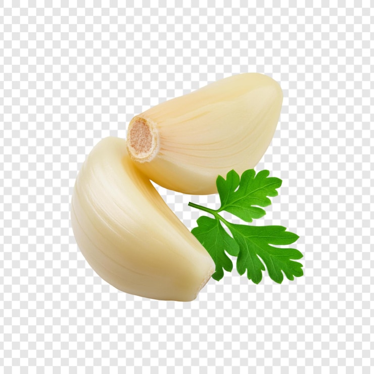 PSD zwei geschnittene knoblauch mit korianderblatt auf durchsichtigem hintergrund