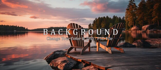 Zwei hölzerne stühle an einem hölzernen pier mit blick auf einen see bei sonnenuntergang in finnland