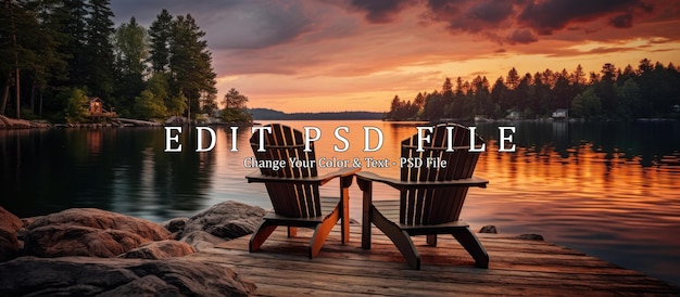 PSD zwei hölzerne stühle an einem hölzernen pier mit blick auf einen see bei sonnenuntergang