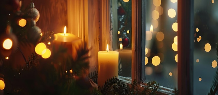 PSD zwei kerzen brennen hell auf einer fensterbank mit einem verschwommenen hintergrund von weihnachtslichtern