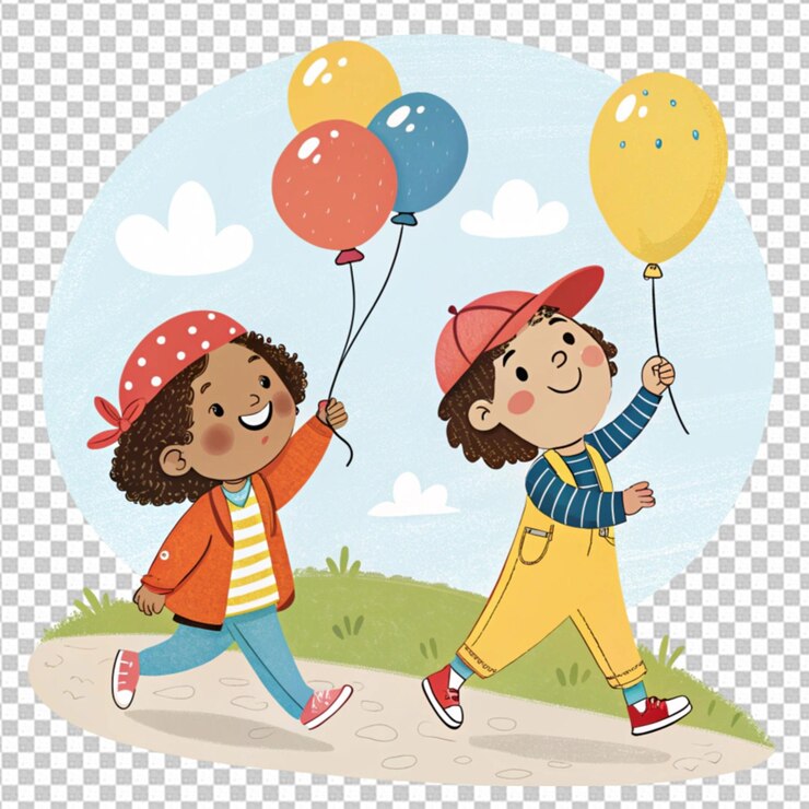 PSD zwei kinder mit ballons laufen karikatur