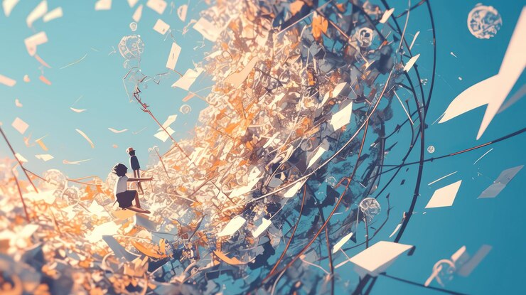 PSD zwei kinder stehen auf einer wirbelnden chaotischen landschaft aus papier und trümmern und strecken sich mit fliegendem papier und zahnrädern nach einem klaren blauen himmel
