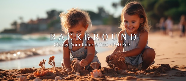 PSD zwei kleine kinder spielen am strand im sand