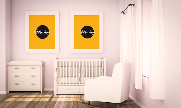 Zwei leere Plakate auf rosa Babyzimmer 3d-Rendering