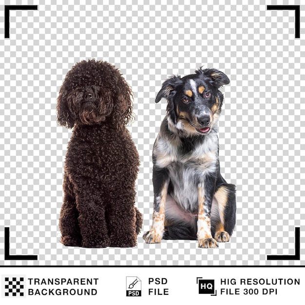 Zwei liebenswerte Hunde, ein Pudel und ein Border Collie, sitzen zusammen auf einem durchsichtigen Hintergrund