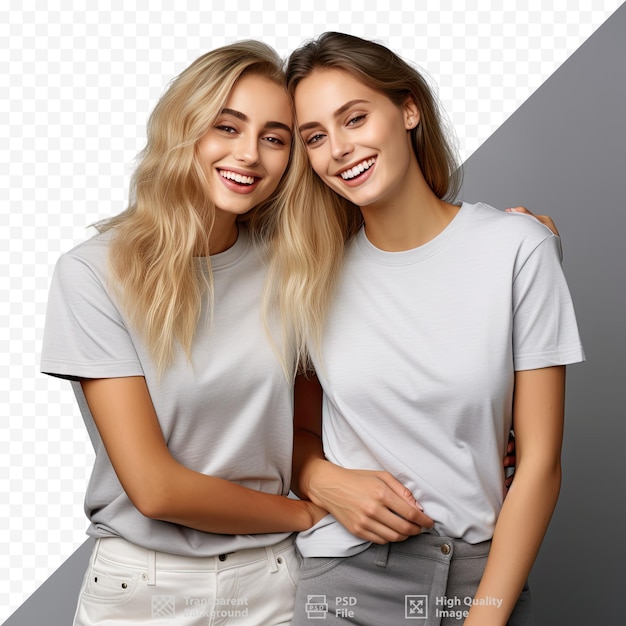 PSD zwei mädchen posieren für ein foto, eines davon trägt ein graues t-shirt, auf dem „das wort“ steht.