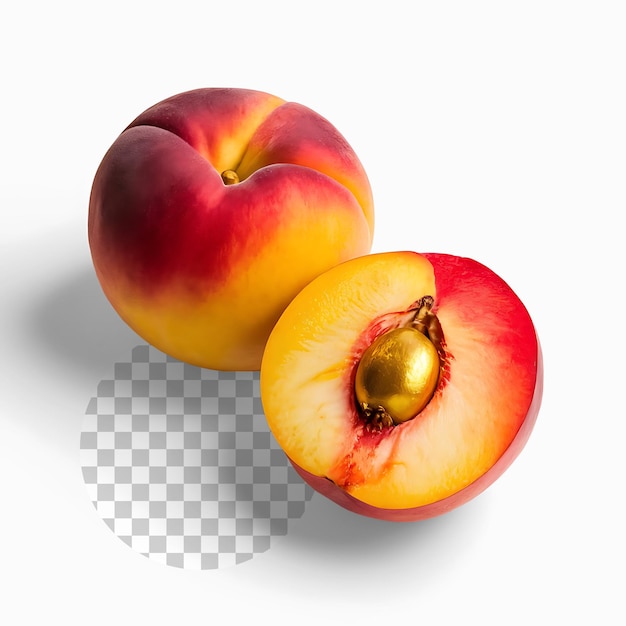 zwei Pfirsiche befinden sich auf einer gerahmten Oberfläche, von denen eine goldene Farbe hat
