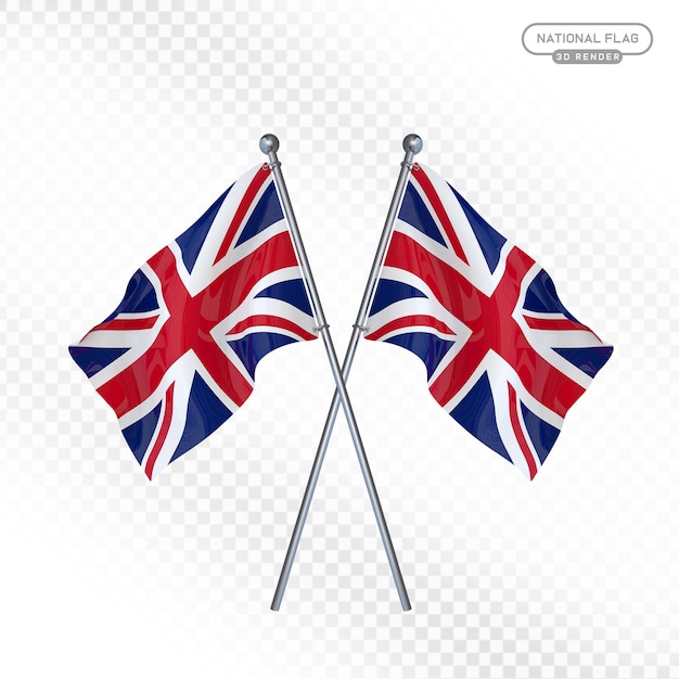 Zwei realistische 3D-Rendering von Union Jack-Flaggen, gekreuzt auf durchsichtigem Hintergrund