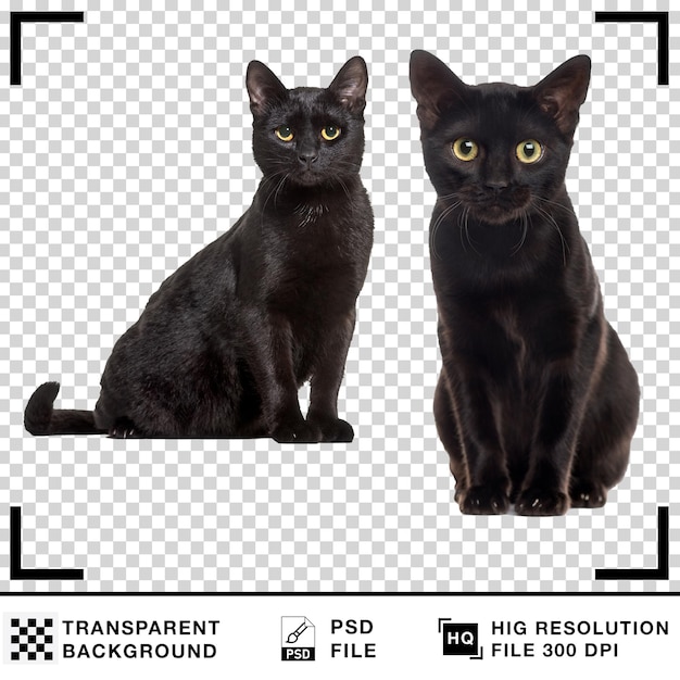 Zwei schwarze Katzen sitzen und schauen in die Kamera. Transparenter Hintergrund