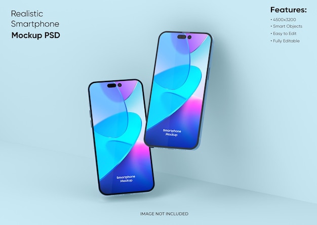 Zwei Smartphones 14 pro max Mockup für App- und Website-UI-Branding 2 Telefone auf Vorder- und Rückseite 3D-Rendering