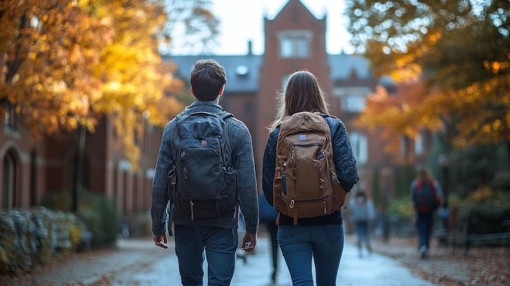 PSD zwei studenten gehen einen campusweg mit herbstblättern im hintergrund entlang