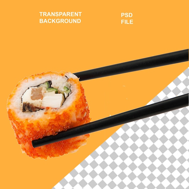 zwei Sushi-Rollen sind auf einem gelben Hintergrund mit den Wörtern Sushi auf der Unterseite