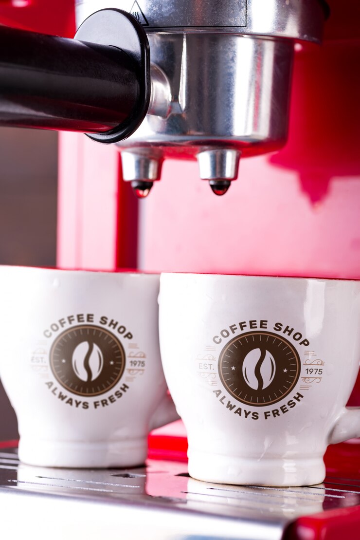 PSD zwei tasse für schwarzen kaffeemorgen auf roter kaffeemaschine. modell für ihr design,
