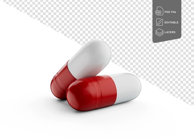 Zwei überlappende rote und weiße pharmazeutische Kapseln auf weißem Hintergrund 3D-Illustration