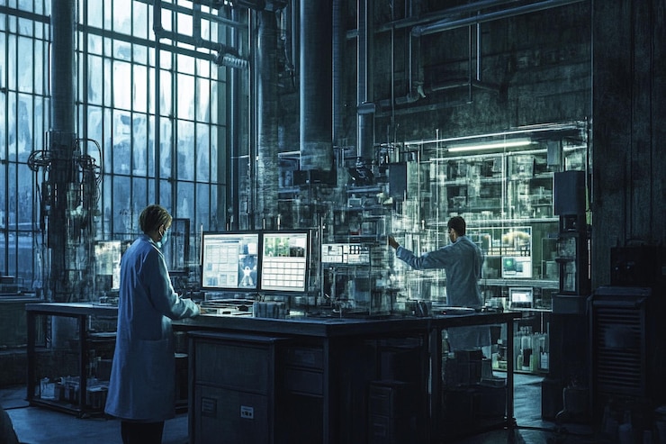 PSD zwei wissenschaftler arbeiten in einem großen industriellen labor mit fortschrittlicher technologie und ausrüstung