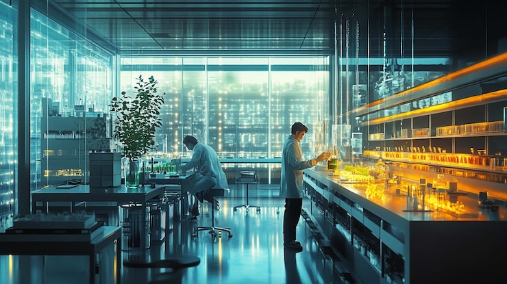 PSD zwei wissenschaftler in einem modernen labor arbeiten an laborbänken mit glaswaren und pflanzen stadtblick durch große fenster