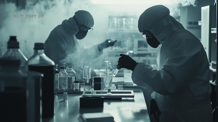 PSD zwei wissenschaftler in schutzanzügen führen in einem mit rauch gefüllten labor ein gefährliches experiment durch