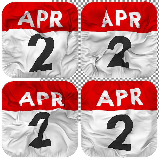 Zweites 2. April-Datumskalendersymbol isoliert Vier verschiedene Wellenstil-Bump-Textur 3D-Rendering