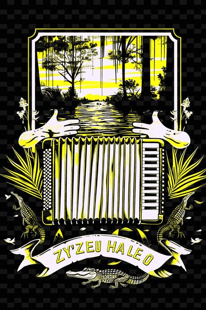 PSD zydeco-akkordionist in einem louisiana bayou mit alligatoren und illustration musik poster designs