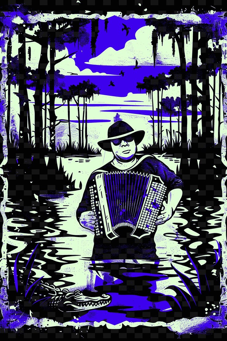 PSD zydeco-akkordionist in einem louisiana bayou mit alligatoren und illustration musik poster designs