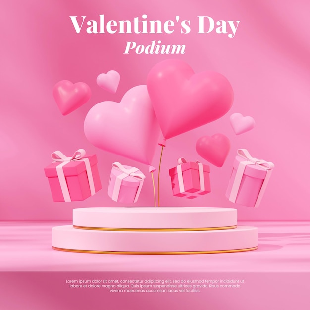Zylinder-Roségold-Podium in quadratischem Herzballon und Geschenkbox 3D-Renderbild leere Szene