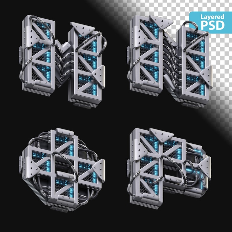 Zdarma PSD 3d metalická písmena m, n, o, p se zářivým efektem