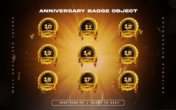 Zdarma PSD anniversary 3d icon set with golden badge