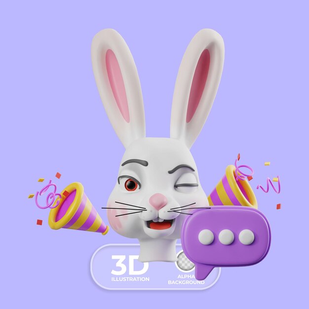 Celebrating bunny with a comment icon 3d illustration
