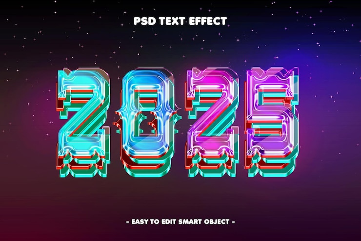 Zdarma PSD colorful glowing happy new year 2025 text effect