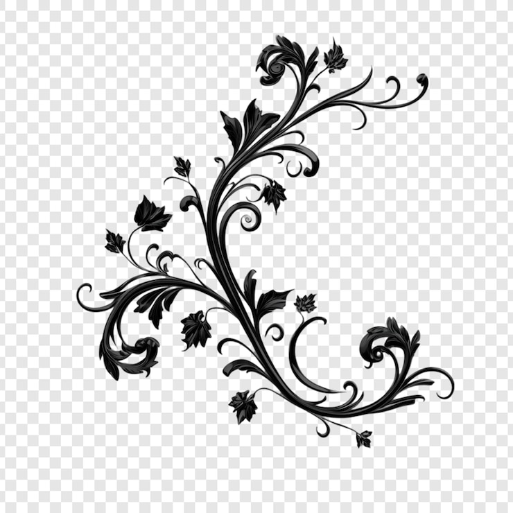 Zdarma PSD elegant black floral design a swirling symphony of dark petals and intricate vines