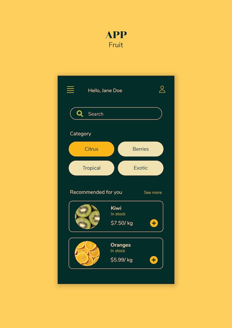 Zdarma PSD fruit shopping app template design