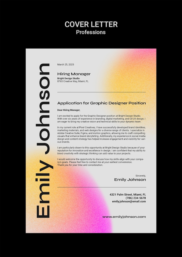 Zdarma PSD graphic designer cover letter - application for bright design studio