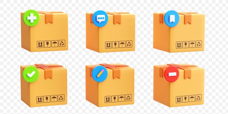 Zdarma PSD interactive packaging cardboard box icons set delivery packaging concept 3d background illustration