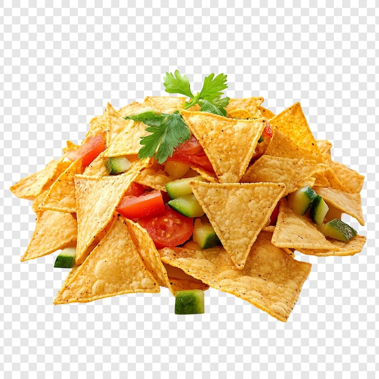Zdarma PSD lahodná hromada nachos s čerstvými rajčaty, okurkami a koriandrem