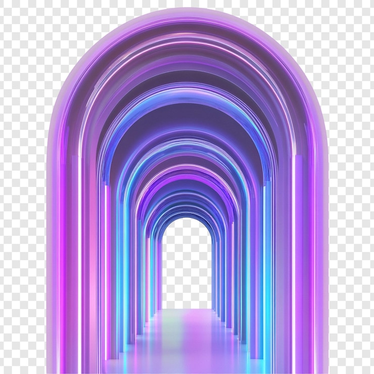Zdarma PSD neon archway a digital corridor of purple and blue hues