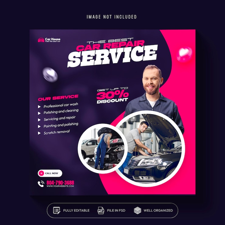 Zdarma PSD příspěvek na instagram a banner na sociální sítě nebo návrh šablony letáku pro služby autoservisu