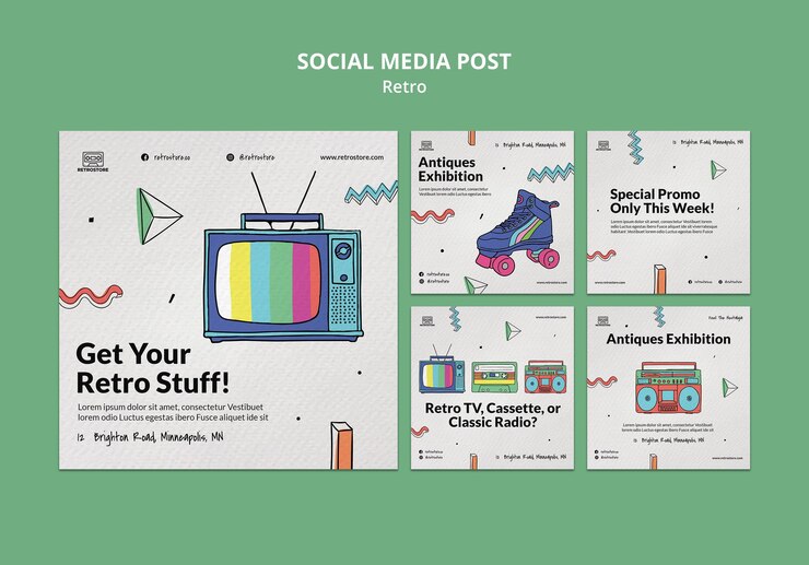 Zdarma PSD sbírka příspěvků pro instagram s retro předměty