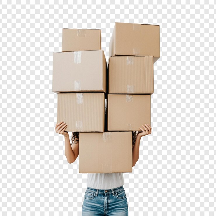 Zdarma PSD woman carrying a stack of cardboard boxes