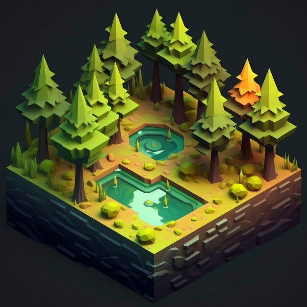 3d isometric landscape with forest and water