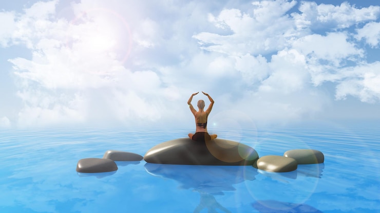 Ücretsiz Fotoğraf 3d render of smooth rocks in the sea against a blue cloudy sky with a female in the yoga position