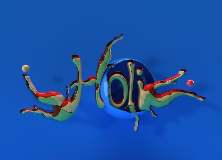 Ücretsiz Fotoğraf 3d rendering happy holi celebrations with paint splash colorful text design