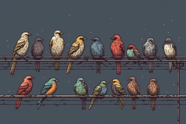 8-bit graphics pixels scene with birds
