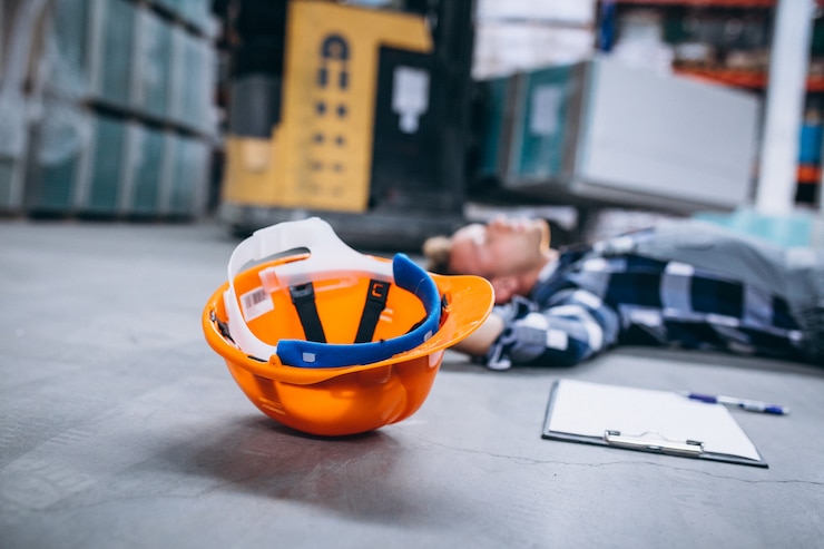 Ücretsiz Fotoğraf an accident at a warehouse, man on floor