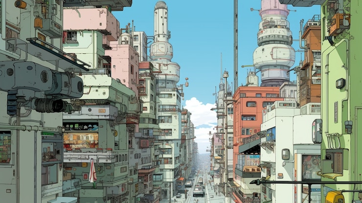 Ücretsiz Fotoğraf anime esintili şehir bölgesinin şehir manzarası