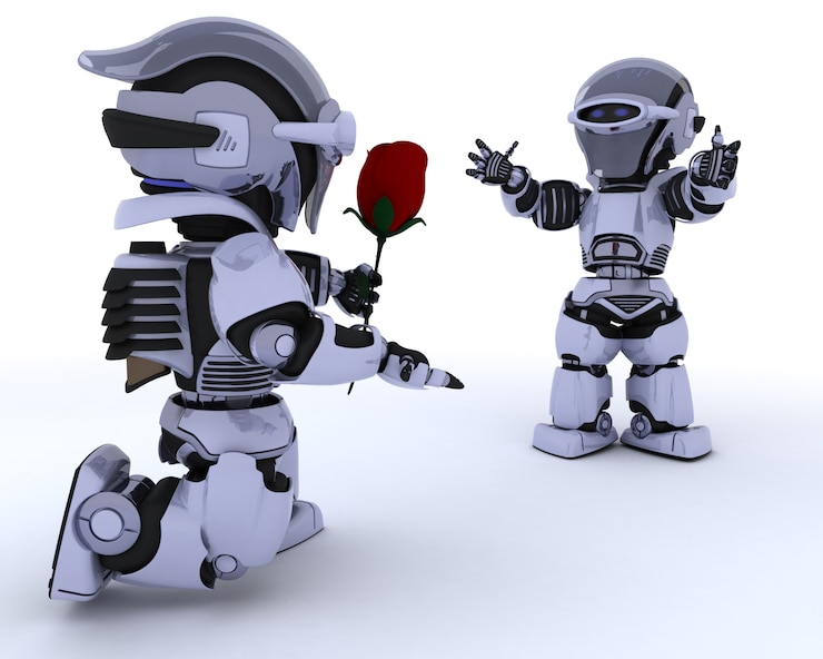 Ücretsiz Fotoğraf başka bir robota kırmızı bir gül veren robot